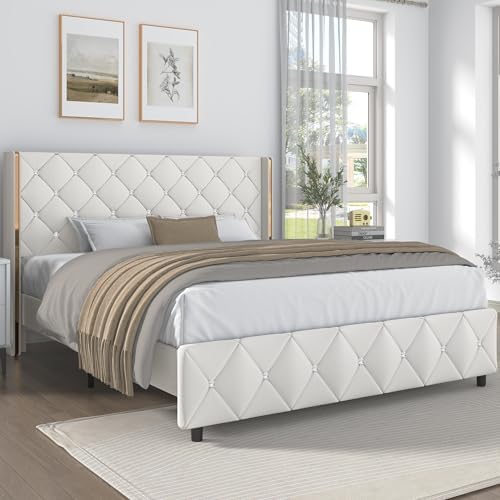 Lullabyre Queen Size Upholstered Bed Frame, Diamond Tufted Wingback Headboard...