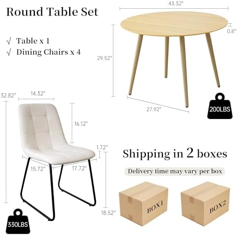 HIPIHOM Round Dining Table Set for 4, Cream Table with 4 PU White Chairs | 43...