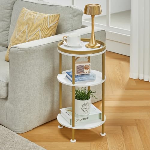 Small Round End Table with Charging Station, 3-Tier Accent Couch Beside Table...