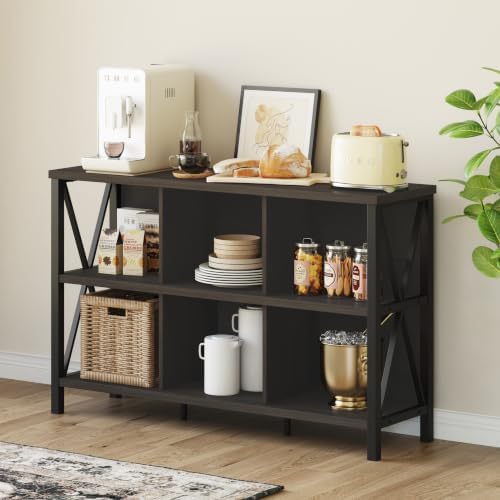 FATORRI 6 Cube Storage Organizer, 47" Horizontal Bookshelf, Walnut Brown