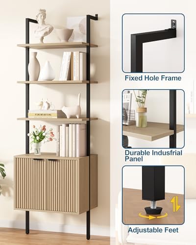 Yusong 73" Tall Bookshelf with Cabinet, Industrial Ladder Wall Mount She...