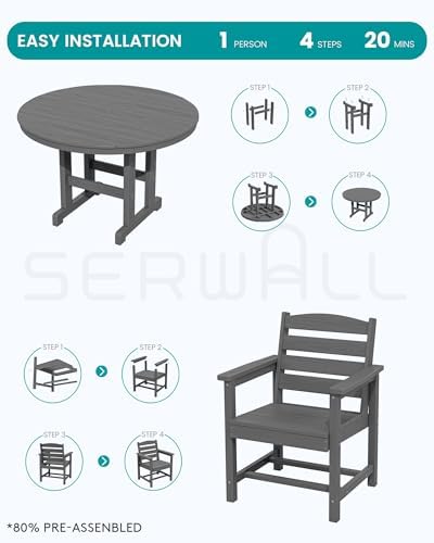 SERWALL 5-Piece Patio Round Dining Set, 45" Table, 4 Chairs, Grey