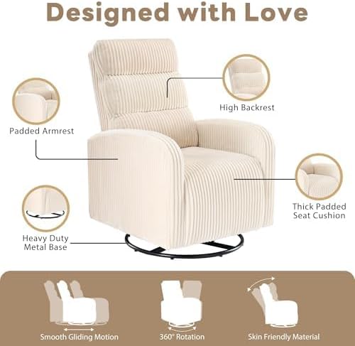 Swivel Rocker Chair, 360°Swivel Rocker Chairs with High Back Arms, Rocking Lazy Boy Chairs, Upholstered Swivels Corduroy Glider for Living Room, Bedroom, Nursing, Beige