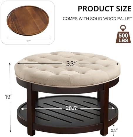 adochr Round Coffee Tables for Living Room,33’’ Storage Ottoman with Wooden Tray, Upholstered Ottoman Footrest, Light Brown