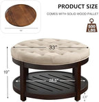 adochr Round Coffee Tables for Living Room,33’’ Storage Ottoman with Wooden Tray, Upholstered Ottoman Footrest, Light Brown