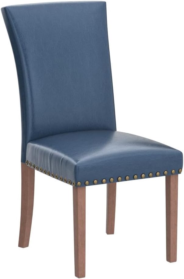 COLAMY Upholstered Parsons Dining Chairs Set of 6, PU Leather Dining Room Kitchen Side Chair with Nailhead Trim and Wood Legs - Blue