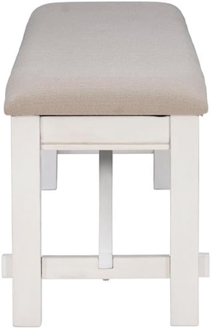 Pemberly Row 60" Wood/Fabric Bench, Smokey White Finish, Beige Upholster...