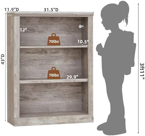 RWYHG 43" Grey Bookshelf, 3 Tier Farmhouse Small Wooden Bookcase