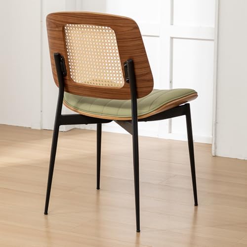 Rattan Dining Room Chairs Set of 4,Mid Century Modern Green PU Leather Kitche...