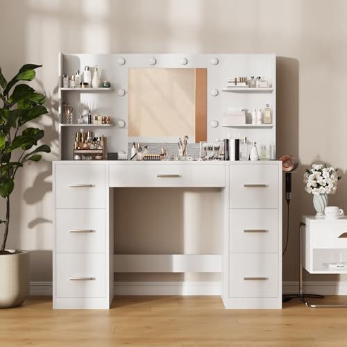 Furmax Vanity Desk with LED Mirror,Power Outlet,7 Drawers Makeup Table | LED ...