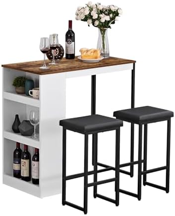 Panana 3 Piece Dining Table Set Kitchen Bar Table with Two Stool Storage Shel...