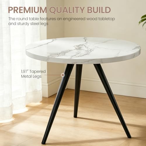 34.6" Round Dining Table Set for 4, Modern Kitchen Coffee Table Set, White | Space-saving MDF Top, 4 Beige Sleek PU Leather Chairs Set, Small Dining Set, Great for Dining Room, Office, Sturdy & Seamless