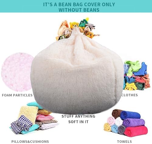 Fluffy Stuffed Animal Storage Bean Bag Chair Cover (No Filler), Faux Fur Comfy Bean Bag Cover for Organizing Plush Toys or Textile, for Adults Teens Kids Girls, Beige
