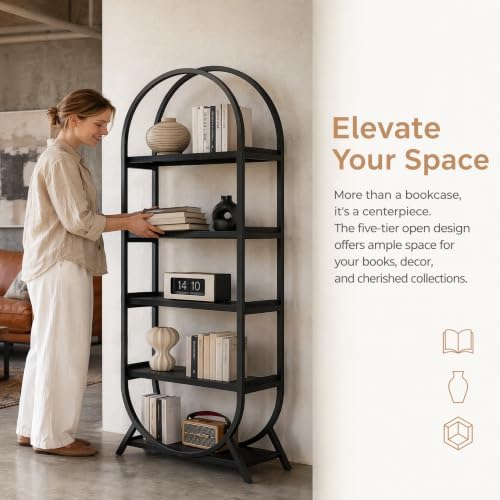Bookshelf Arched Bookcase, Industrial 5 Tier Open Book Shelves with Metal Fra...