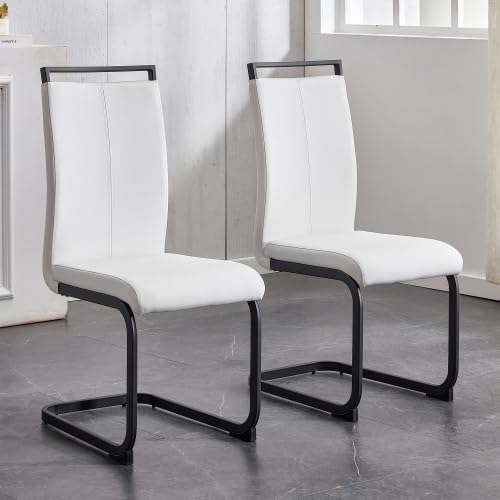 AZmac Modern Leather Dining Chairs Set of 2,Armless Kitchen Chairs,Dining Room Chairs with Upholstered Padded Seat and Sturdy Chrome Legs for Dining Room,Kitchen (Set of 2, White-Black Leg)