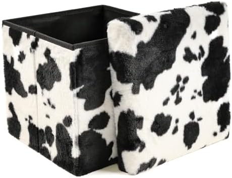 Luxe Faux Fur Storage Ottoman, Cowhide Black/White, 15 x 15 x 15 in