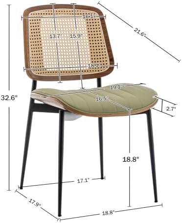Rattan Dining Room Chairs Set of 4,Mid Century Modern Green PU Leather Kitche...