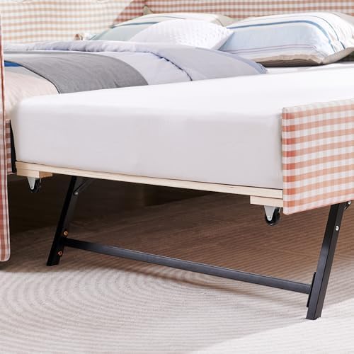KEIKI Full Size Upholstery Daybed with Trundle and USB, Full to King Design Adorable Wave Shaped Extendable Linen Sofa Bed, Easy Assembly, No Box Spring Required, for Living Room and Bedroom, Pink