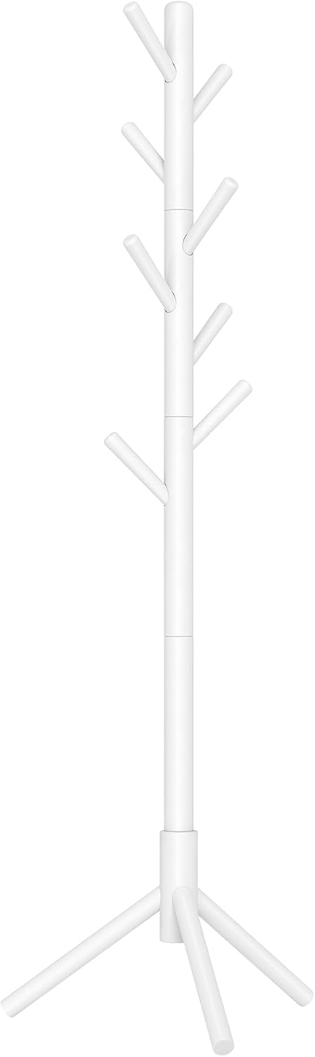 VASAGLE Solid Wood Coat Rack, Free Standing Tree-Shaped Coat Rack with 8 Hooks, 3 Height Options, for Clothes, Hats, Bags, Living Room, Bedroom, Home Office, White URCR04WT