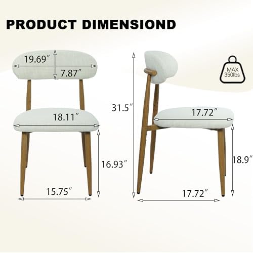 FREKEN Modern Upholstered Dining Chairs Set of 2, Mid-Century Metal Frame with Wood Grain, Linen Fabric Side Chair for Kitchen Dining Room, 350lbs Capacity, Beige