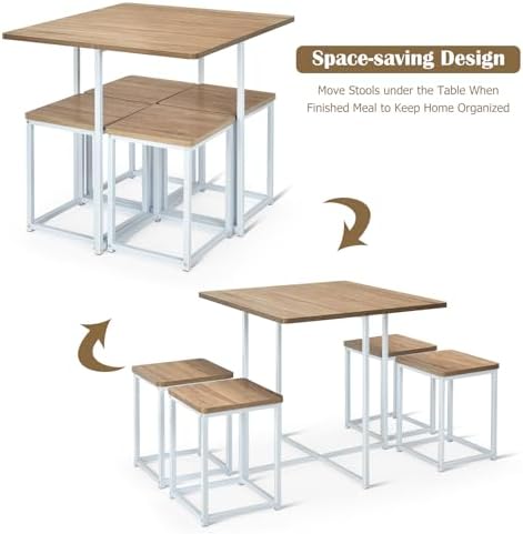 GIANTEX Dining Table Set for 4, Metal Frame, Space-Saving (Natural & White)