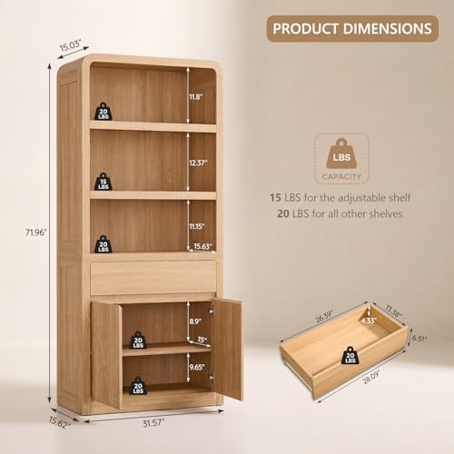 72" Tall Modern Bookshelf with Doors, 5-Tier Large Bookcase w/ Drawer, W...
