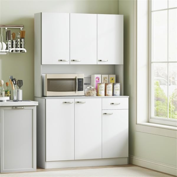 Kitchen Storage Cabinet with Multiple Doors, Drawer, Adjustable Shelves, and Open Countertop for Microwave, Toaster, or Coffee Maker – Pantry Organizer with Anti-Tip Safety Strap (White)