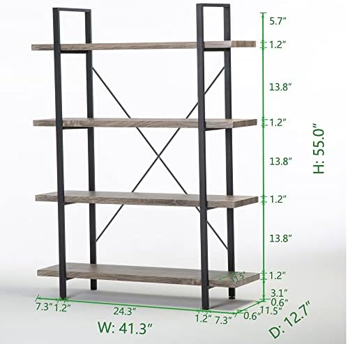 HSH 4-Shelf Bookshelf, Industrial Bookcase for Home Office, Light Grey Oak