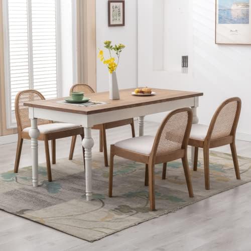 HEAH-YO Rattan Dining Chairs Set of 4, Upholstered Linen Dining Room Chairs w...