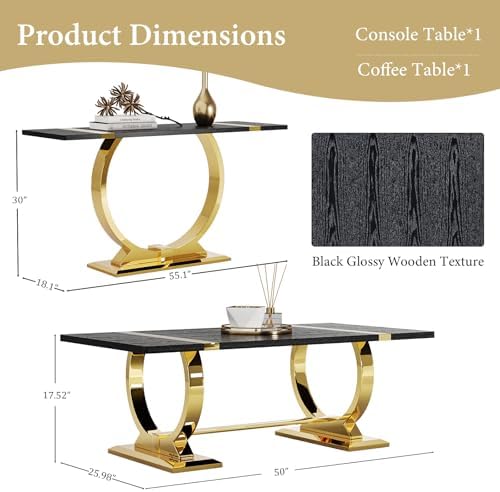 Asday 2 Piece Living Room Table Set, Black and Gold Coffee Table Set with Pol...