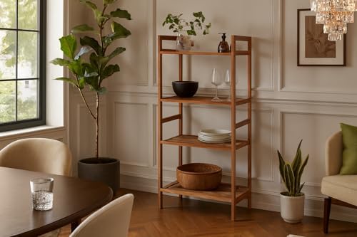 Teak Wood 4-Tier Shelving Unit, Waterproof, Leveling Feet, Teak Oil Finish