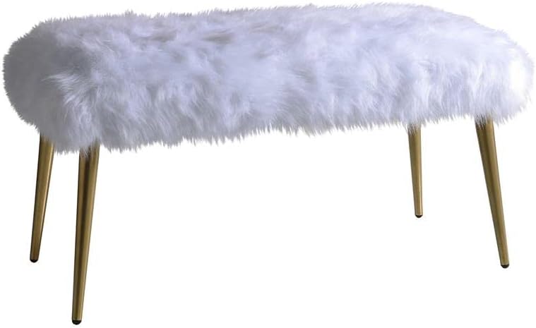Acme Bagley II Bench, White Faux Fur & Gold