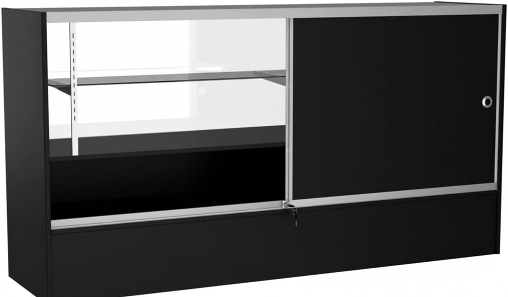WISDOMFUR 5ft Black Display Showcase Cabinet with LED Lighting – Half Vision Retail Glass Display Case, 60" x 18" x 38", Sliding Locking Doors & Storage Shelves