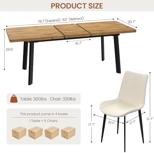 63"-78.7" Expandable Dining Room Table Set for 4-8 People, Walnut |...