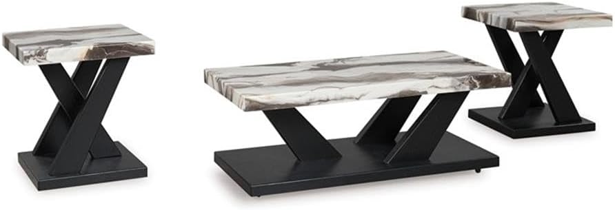 BOWERY HILL Coffee Table Set, 3-Piece, Faux White Marble Tops, Black Wood Fra...
