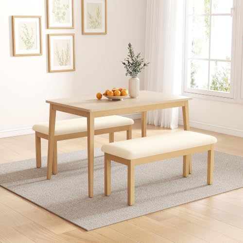 Upholstered Dining Bench Seat, Linen Entryway Benches with Wood Legs, Mid Cen...