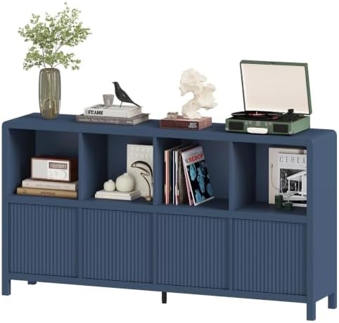 FATORRI 8 Cube Bookcase with 4 Doors, 57 Inch Wooden Bookshelf with Storage C...