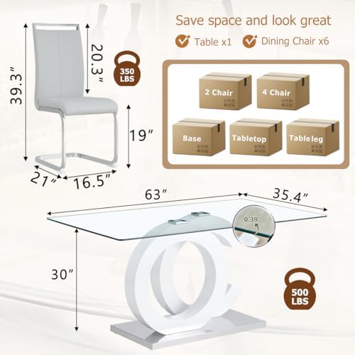 gopop Dining Table Set for 6, 7-Piece Glass Table with 6 PU Leather Chairs | ...