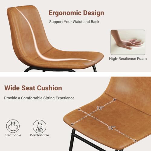 Dining Chairs Set of 6, 18in PU Leather Kitchen Chair with Metal Leg, Brown