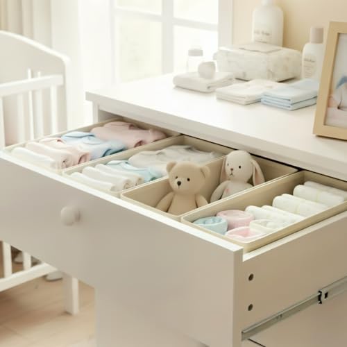 Small Foldable Fabric Drawer Organizer 6 Pack Grey - 11“ Breathable Closet & Dresser Storage Bins for Socks, Underwear, Bras & Baby Clothes