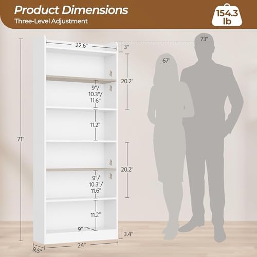 Yaheetech 7-Tier Tall Bookcase Adjustable Shelves Open Storage, White