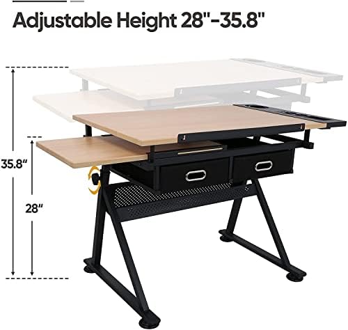 JupiterForce Drafting Table Art Desk with 2 Storage Drawers, Height Adjustabl...