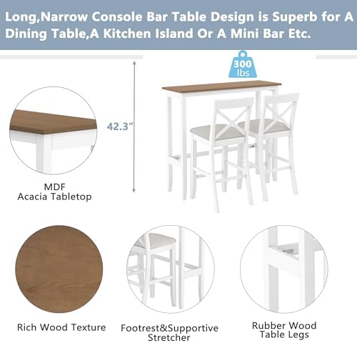 LUMISOL 3 Piece Pub Table and Chair Set, Wood Counter Height Dining Set for 2...