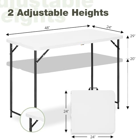 4ft Folding Table with Adjustable Height, 2-Level Foldable Table with HDPE To...