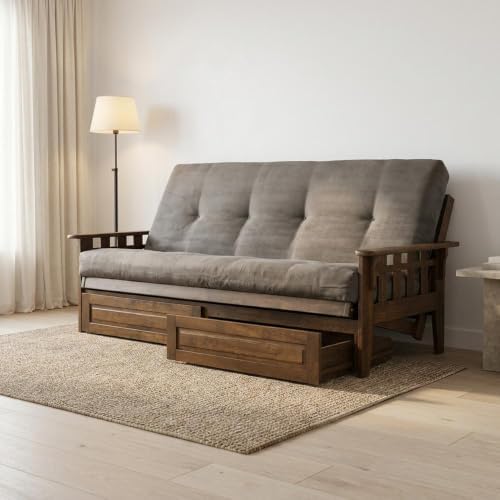 Kodiak Furniture Tucson Full Futon Set in Rustic Walnut Finish with Storage D...