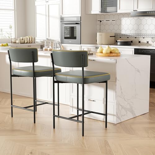 Bar Stools Set of 2, Faux Leather Counter Height Barstools with Curved Back, ...