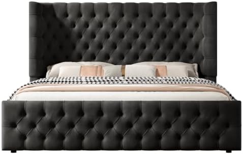 Jocisland King Bed Frame Upholstered Wingback Headboard & Footboard,Black