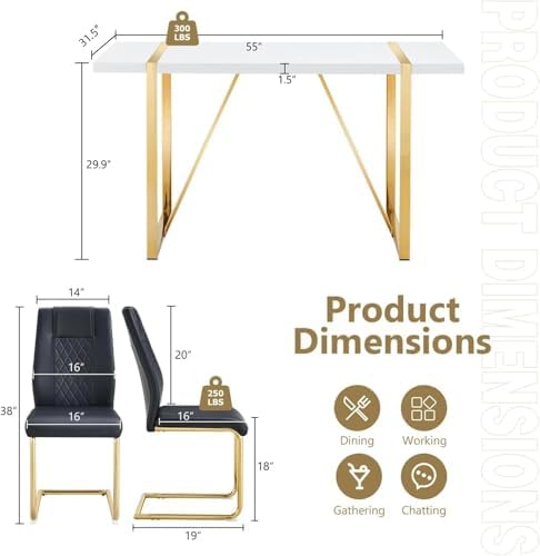55‘’ Modern Dining Table Set for 4, White Dining Tabletop and Golden Metal Fr...