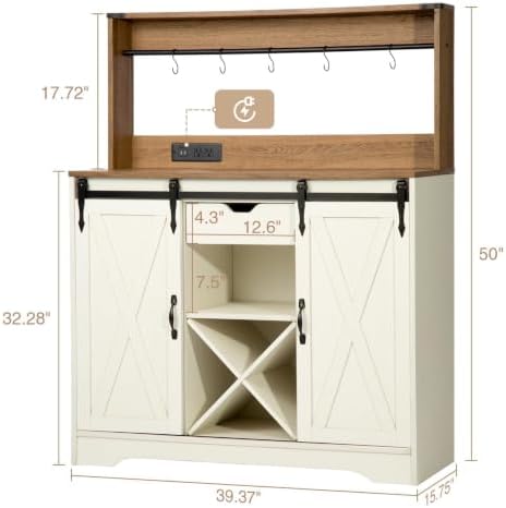 Wnutrees Farmhouse Coffee Bar Cabinet with Charging Station and USB, White