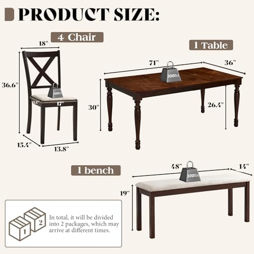 LUXOAK 6 Piece Farmhouse Dining Table Set with 71" Solid Wood Table